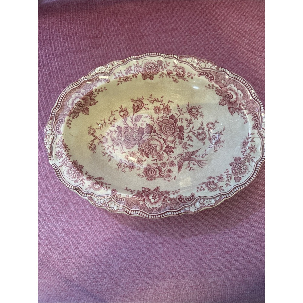 Vintage Crown Ducal Bristol Oval Serving Bowl Pink Red Transferware England 10"